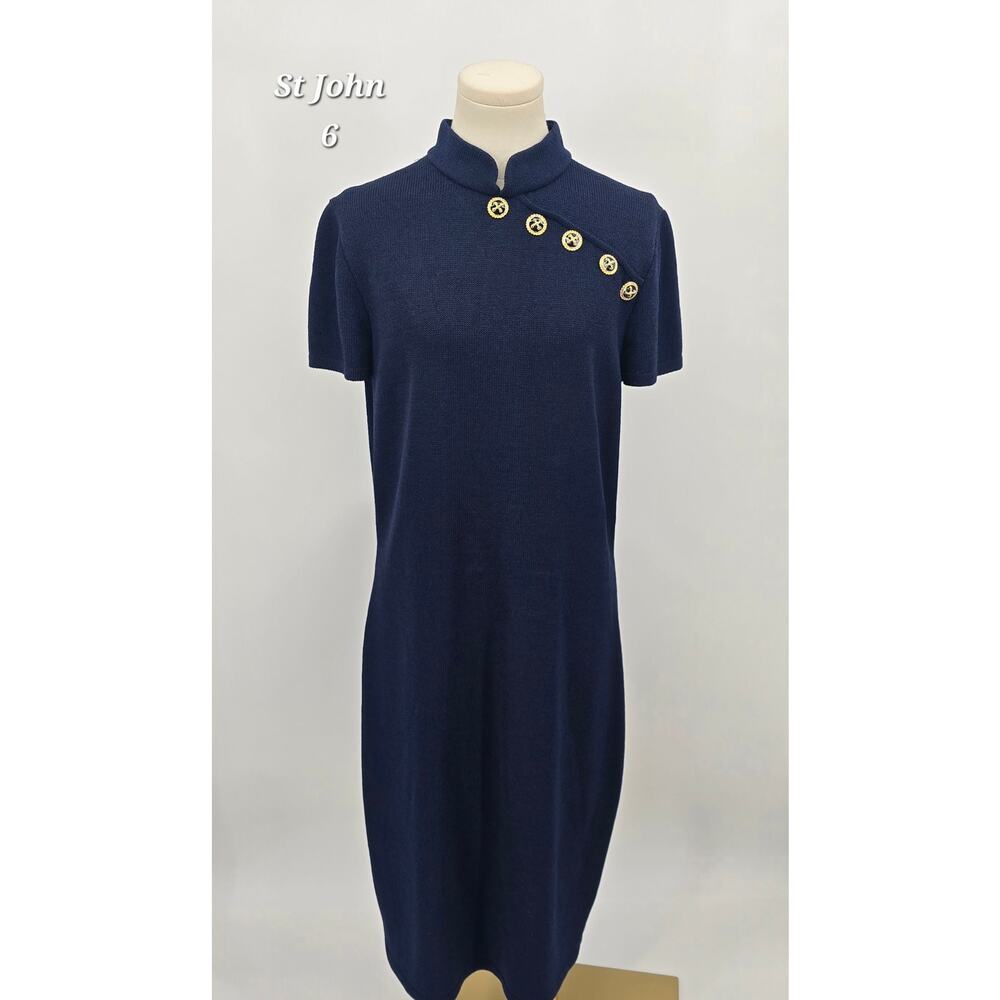Vintage St. John Collection by Marie Gray Navy Knit Dress Gold Anchor Button